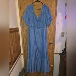Blue Maxi Sundress with Flutter Sleeves and V-Neck
